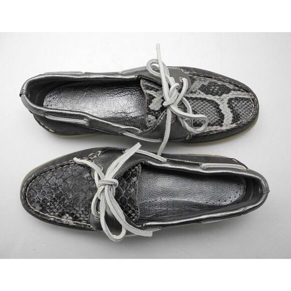 Sperry Top-Sider Embossed Snakeskin Grey/Metallic Silver Leather Boat Shoes- 6M - Picture 7 of 8